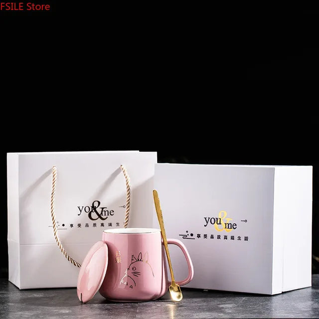 400ml New Product European Style Light Luxury Gold-painted Ceramic Coffee Mug with Lid Spoon Water Cup Cartoon Mug