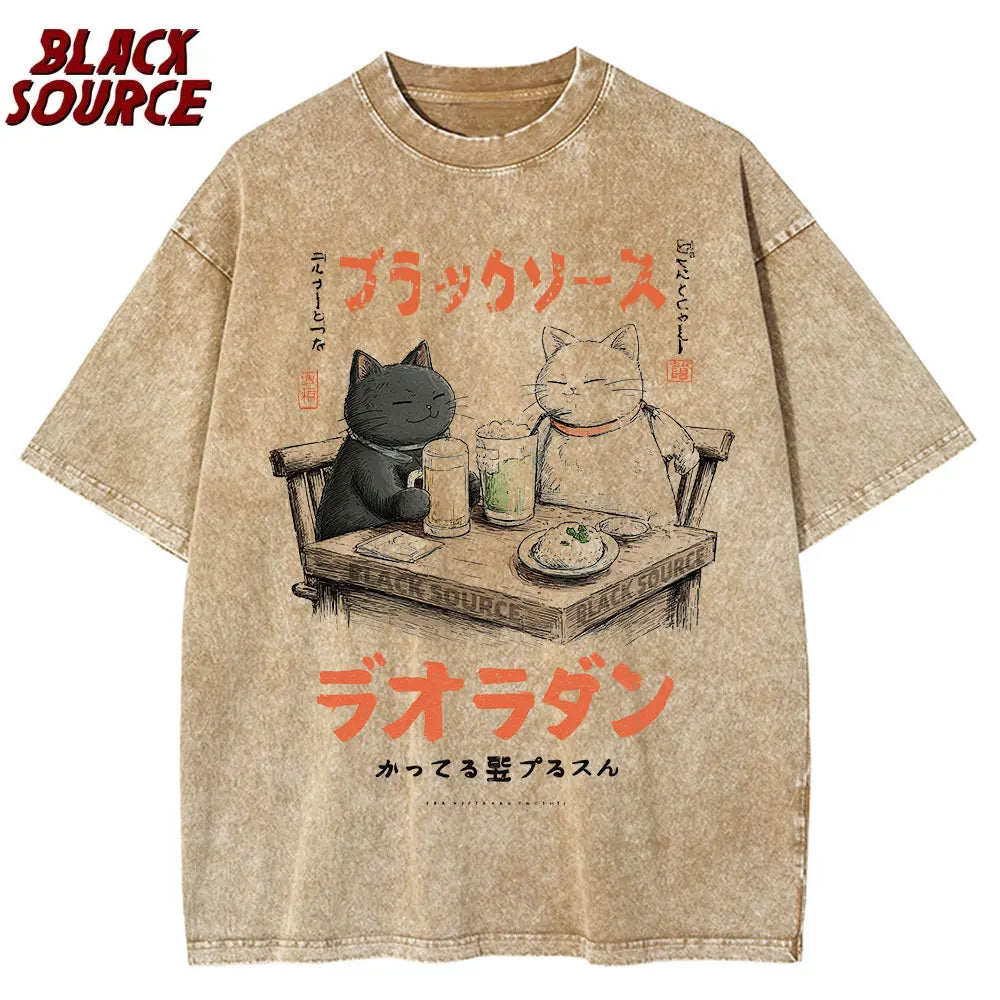 T147 Men Tshirt Streetwear Japanese Harajuku Funny Drinking Cat T-Shirt Cotton Summer Cartoon T Shirt Unisex Hip Hop Tops Tees