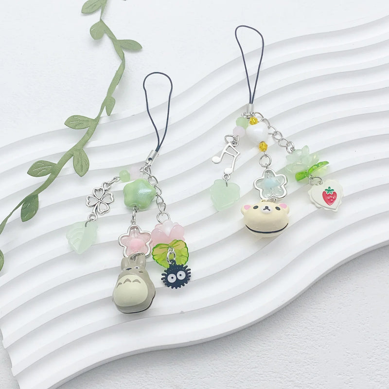 Handmade Cat Phone Charm Chain Four Leaf Clover Beaded Phone Charm Y2K Green Fairy Core Keychain Bag Key Ring