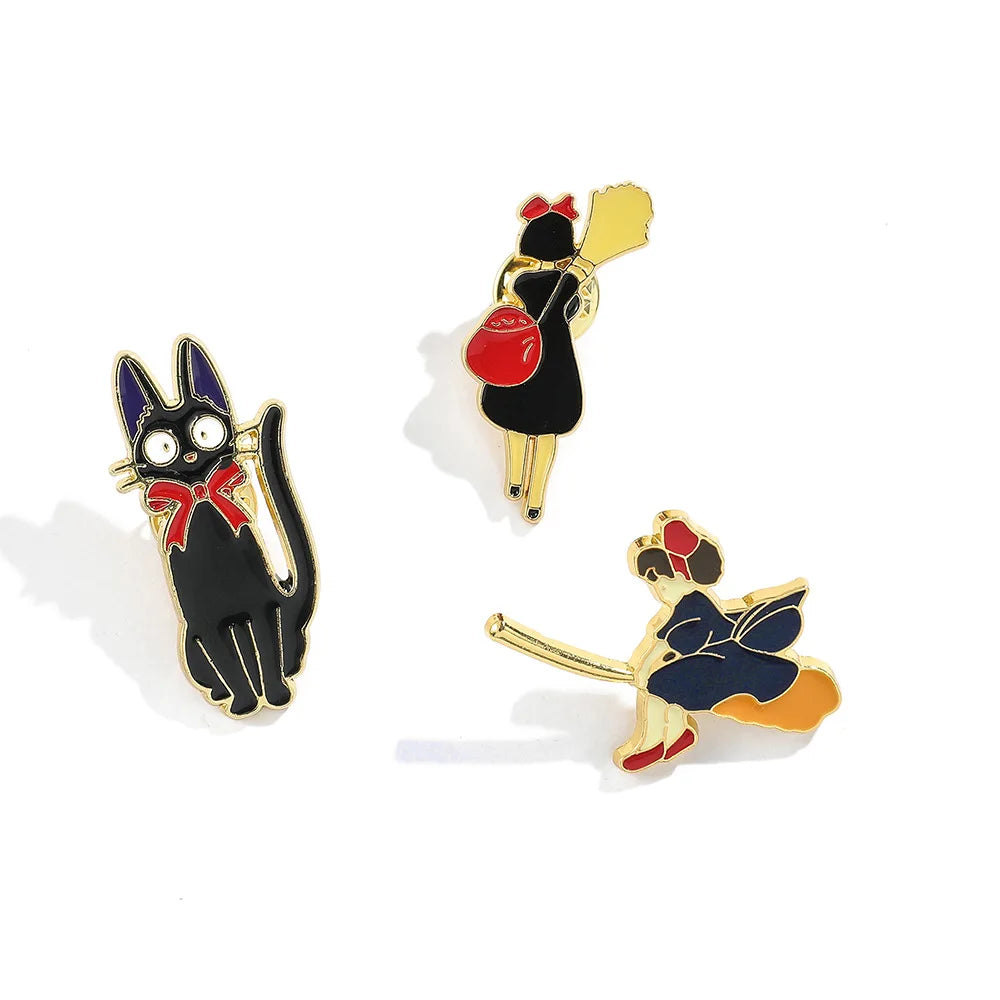 1 Set Japanese Metal Badge Magic Little Girl Black Cat Alloy Brooch Toys